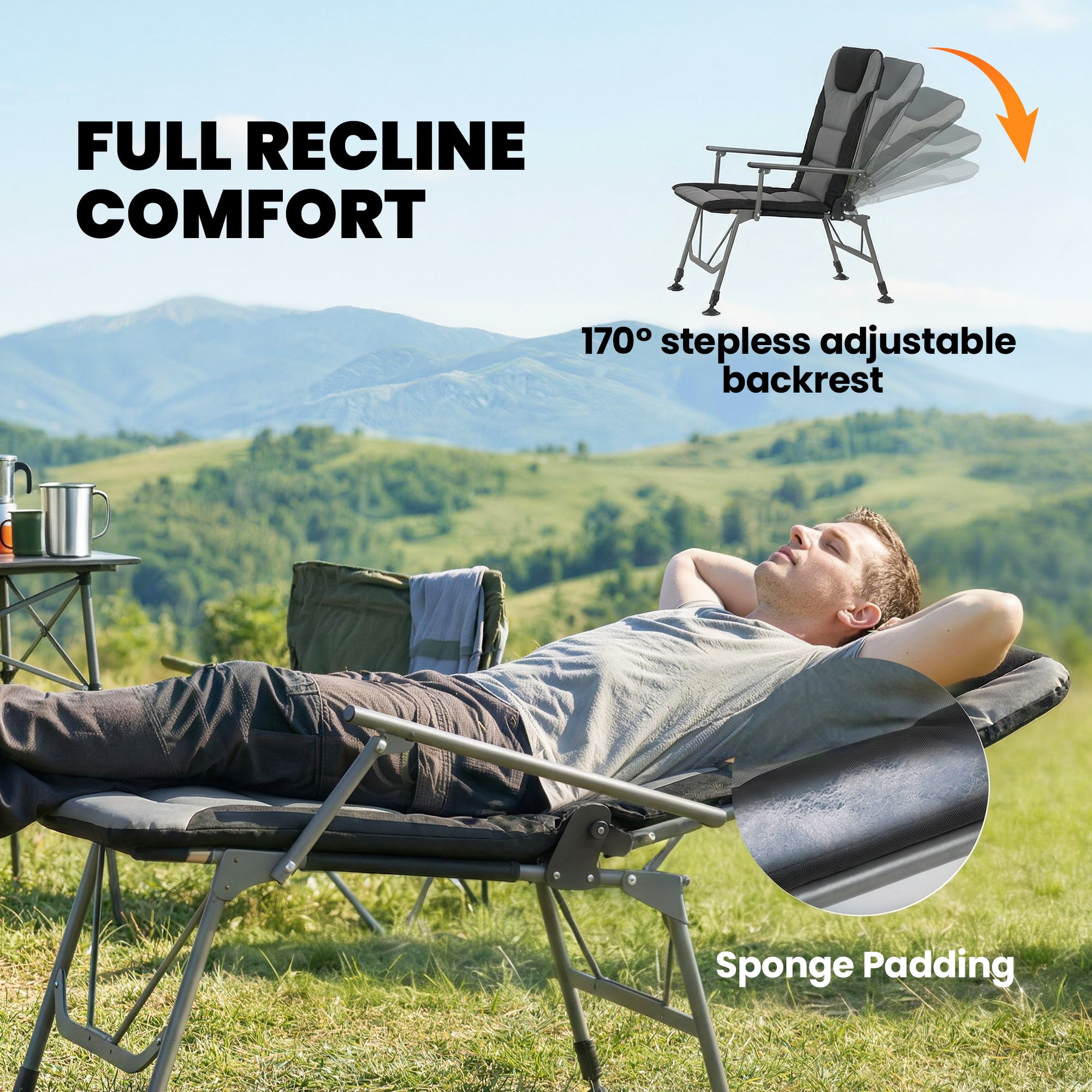 Outsunny Camping Chair Padded Reclining Folding Chair with Wide Armrests for Adults Black 