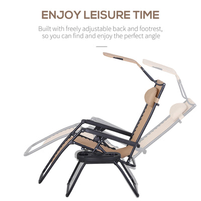 Outsunny 2 Piece Foldable Reclining Garden Chair with Headrest, Zero Gravity Deck Sun Lounger Seat Chair with Footrest, Armrest, Cup Holder & Canopy Shade, Beige 