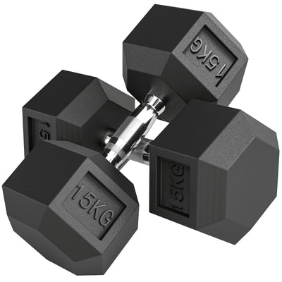 HOMCOM 2x15KG Rubber Hex Dumbbell Portable Hand Weights Dumbbell Home Gym 