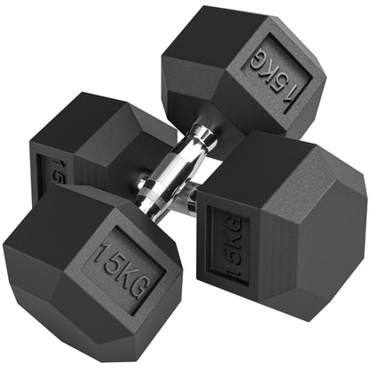 HOMCOM 2x15KG Rubber Hex Dumbbell Portable Hand Weights Dumbbell Home Gym
