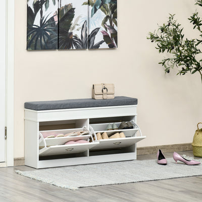 HOMCOM Shoe Storage Bench with Flip Drawers, Shoe Cabinet with Seat Cushion and Adjustable Shelf for Hallway, Entryway, Living Room, Bedroom, White 