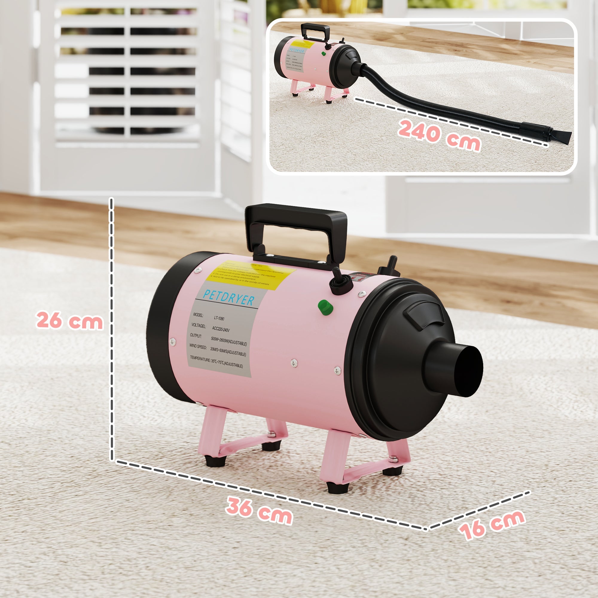 PawHut 2200W Dog Hair Dryer with Adjustable Temperature & Velocity, 3 Different Nozzles, Pink 