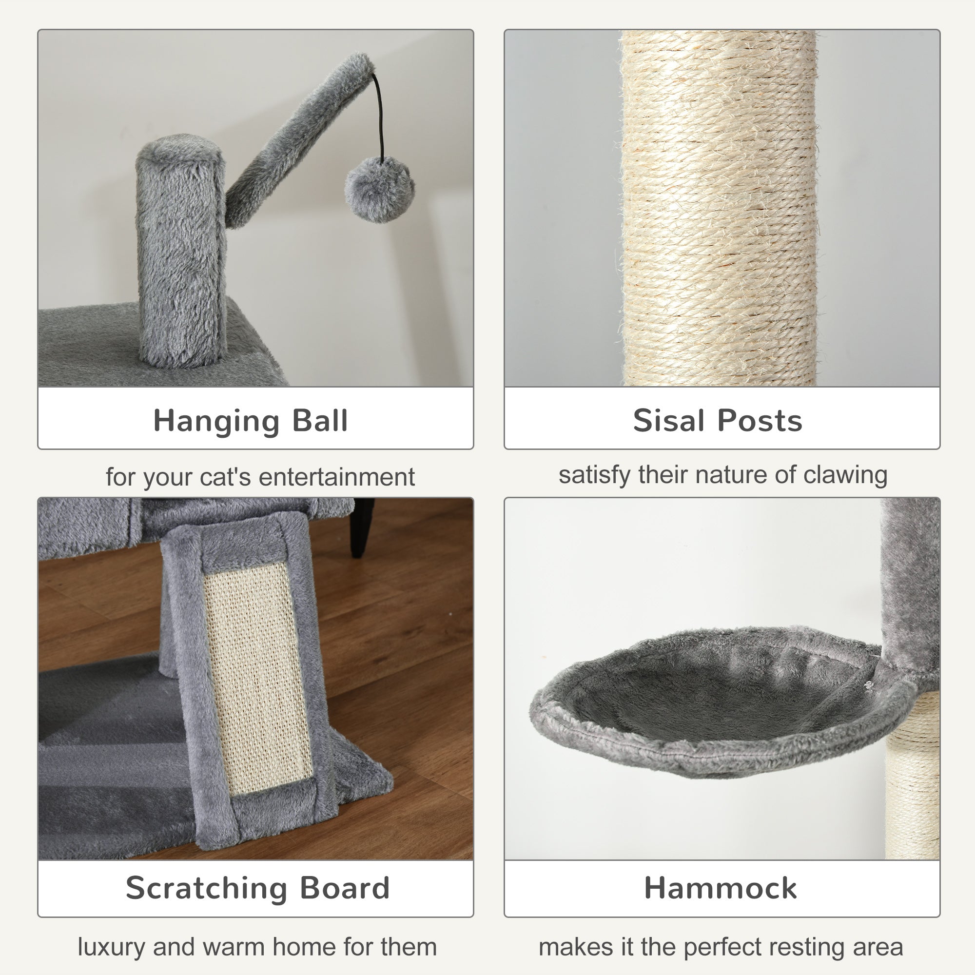 PawHut 270cm Floor To Ceiling Cat Tree Cat House Scratching Post for Indoor Cats Hammock Hanging Ball Activity Center Grey 