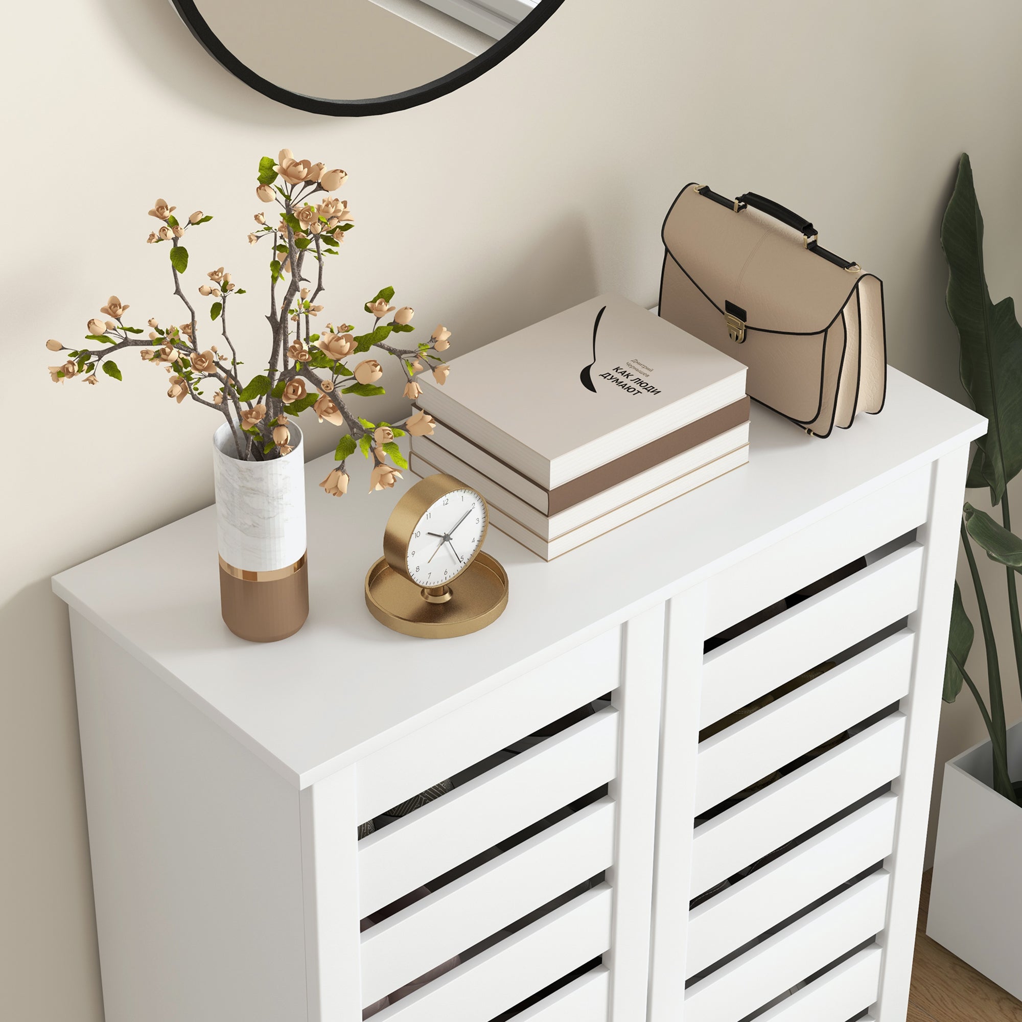 HOMCOM Narrow Shoe Cabinet for Entryway, 5-Tier Slim Shoe Storage Cabinet with 2 Slatted Doors and Adjustable Shelves 