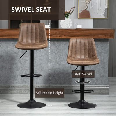 HOMCOM Bar Stools Set of 2, Swivel Counter Height Barstools with Back, Adjustable Bar Chairs, Breakfast Dining Stools for Kitchen Island Counter with Adjustable Steel Footrest & Base, Brown 