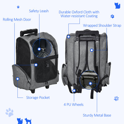 PawHut Pet Travel Backpack Bag Cat Puppy Dog Carrier w/ Trolley and Telescopic Handle Portable Stroller Wheel Luggage Bag (Grey) 
