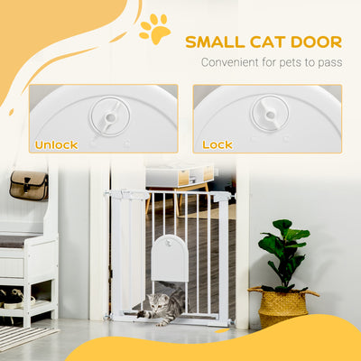 PawHut 75-82cm Pet Safet Gaye, Pressure Fit Stair, with Cat Flap, Double Locking, White 