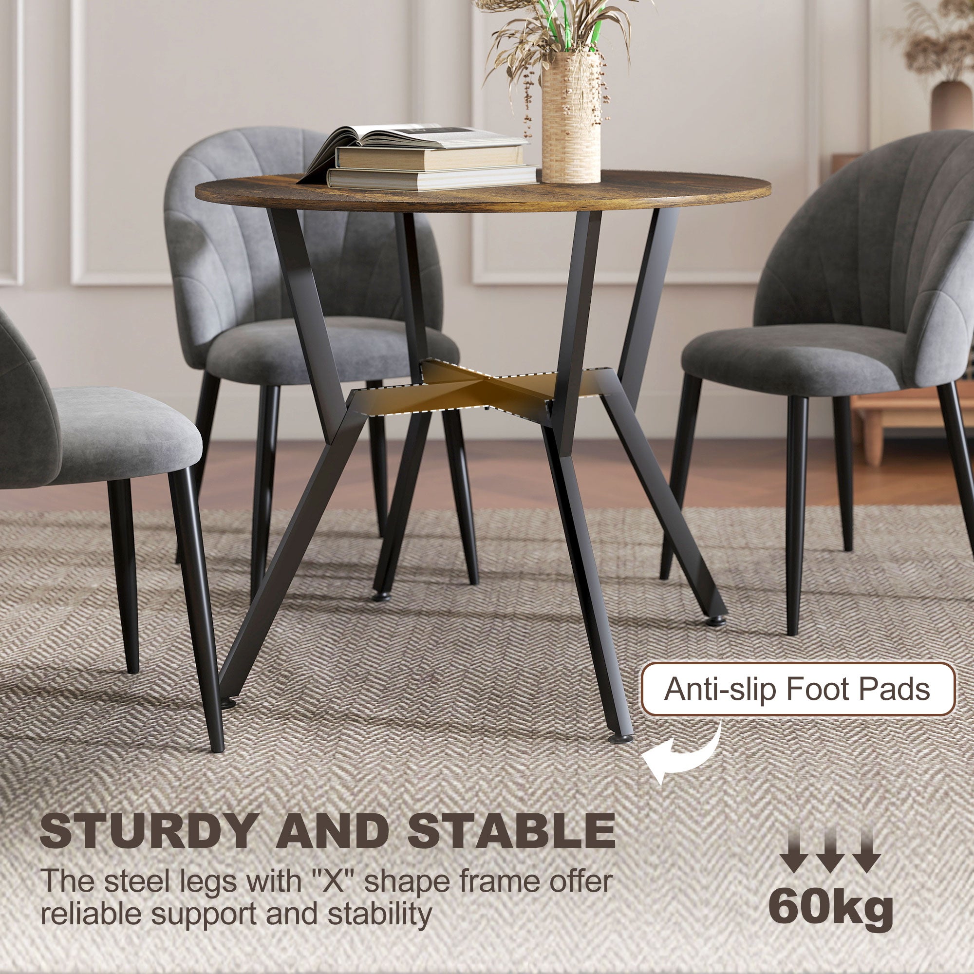 HOMCOM Dining Table, Round Kitchen Table with Black Legs, Anti-slip Foot Pads for Living Room, Dining Room 90 x 76 cm, Rustic Brown 