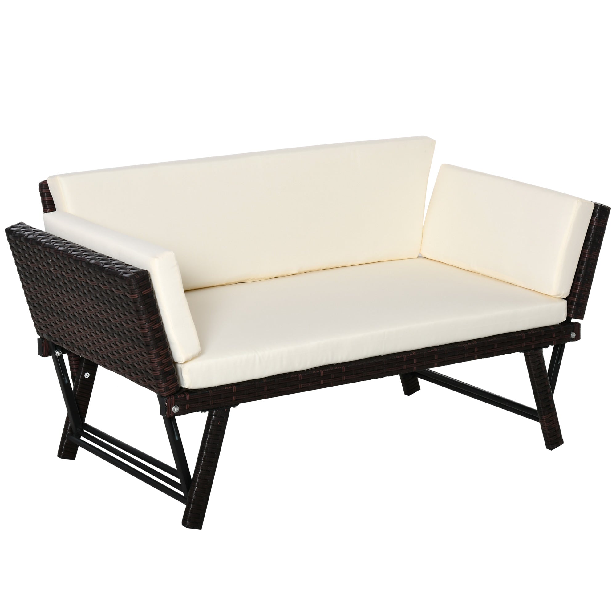 Outsunny 2-Seater 2-in-1 Rattan Convertible Sofa Daybed Brown 