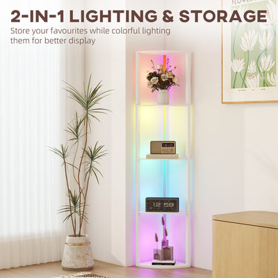 HOMCOM RGB LED Floor Lamp with Shelves, 5-Tier Dimmable Standing Lamp with Adjustable Brightness and Remote Control, Modern Corner Display Shelf Unit for Living Room Bedroom Office, White 