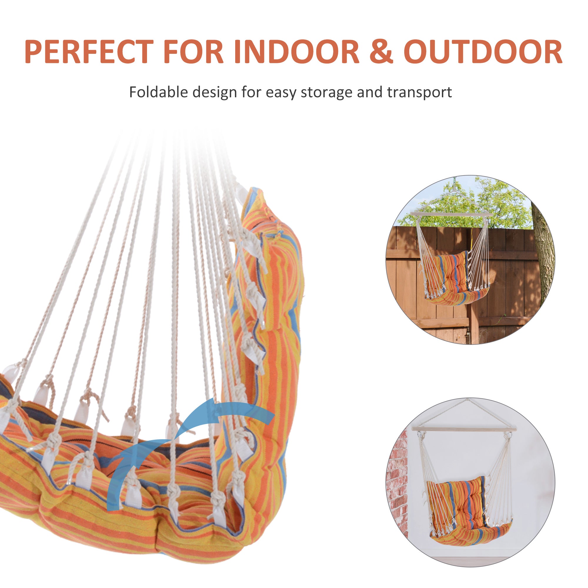 Outsunny Outdoor Hanging Rope Chair with Soft Padded Seat & Backrest, Garden Hammock Chair with Wooden Support Bar Cotton Cloth, Portable Garden Chair for Patio & Tree, Orange 