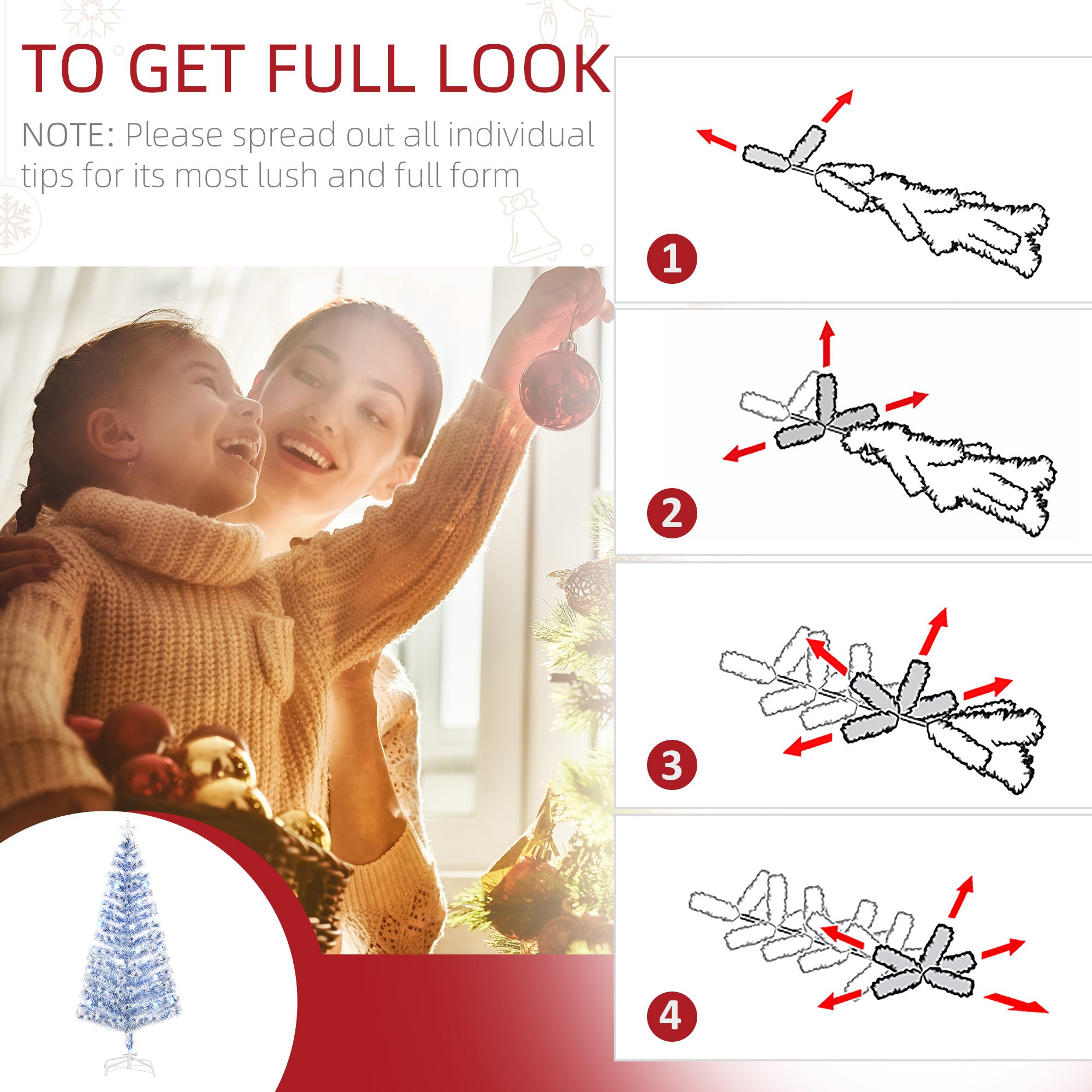 HOMCOM 6FT Artificial Fibre Optic Christmas Tree Seasonal Decoration w/ LED Lights Pre-Lit Easy Store White Blue 