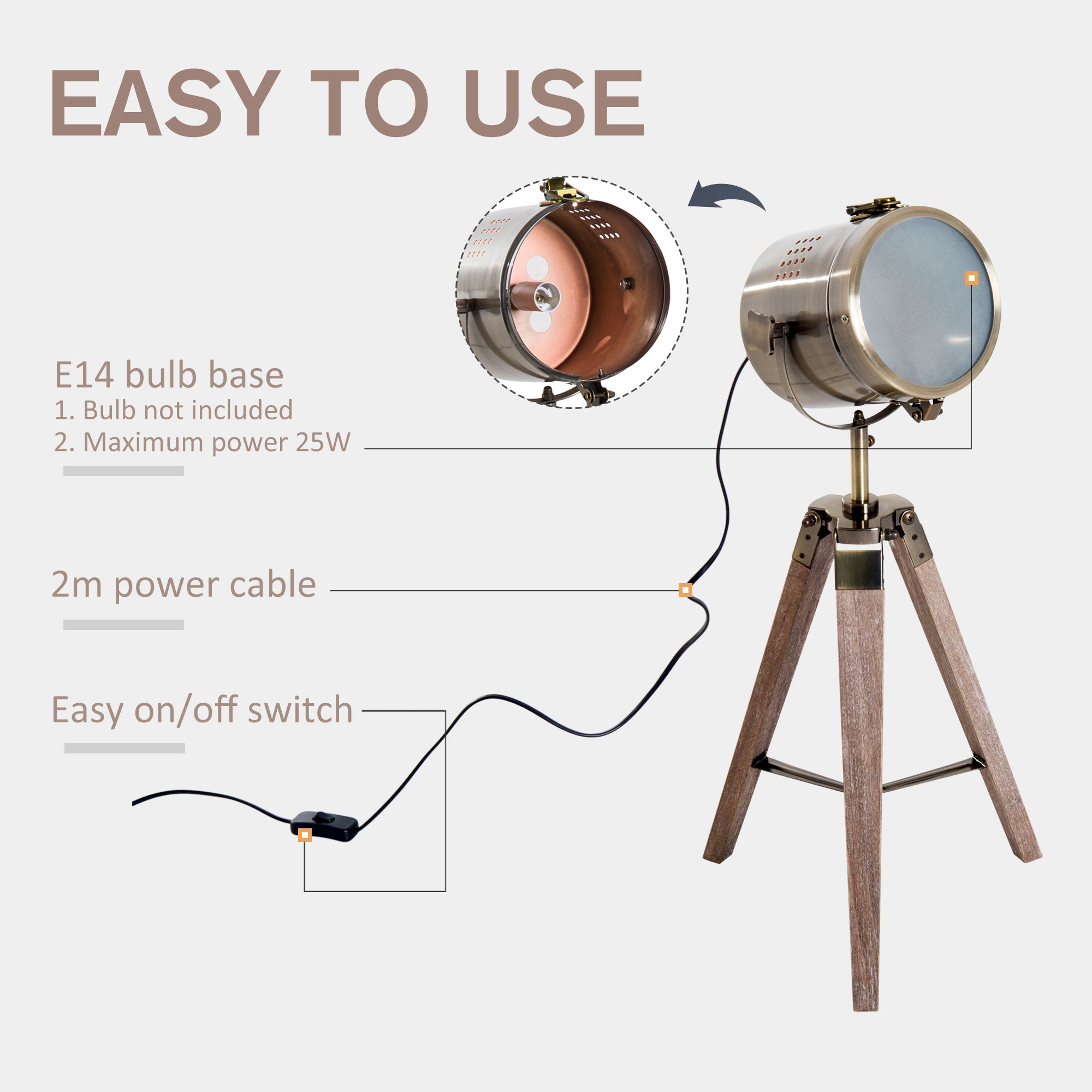 HOMCOM Vintage Tripod Table Desk Lamp Bedside Light Spotlight Brass Antique Searchlight Wooden Base 