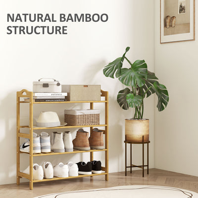 HOMCOM Freestanding Bamboo Shoe Rack, 4-Tier Shoe Shelf Stand for Hallway, Living Room, Bedroom, Natural Wood Finish 