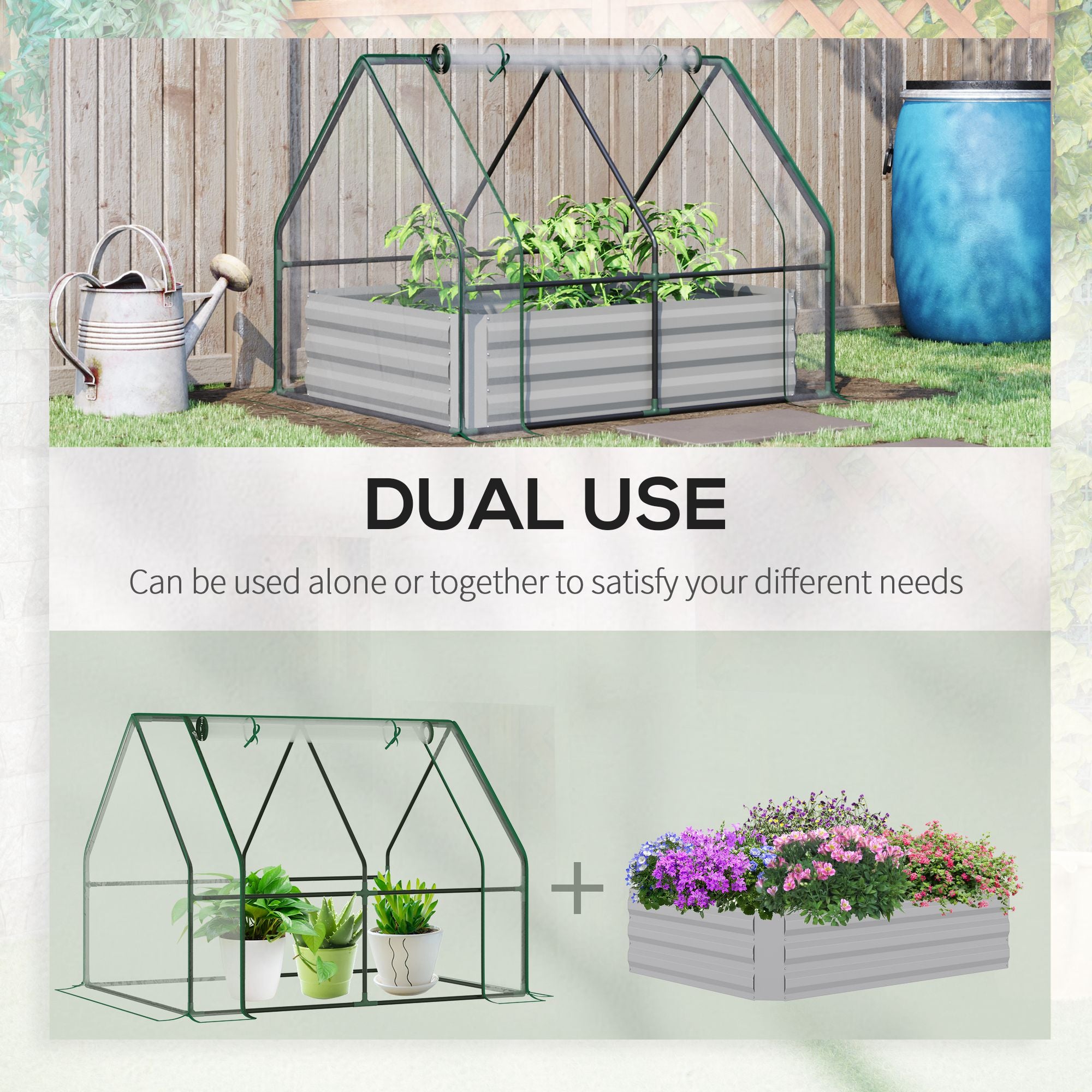 Outsunny Raised Garden Bed with Greenhouse, Steel Planter Box with Plastic Cover, Roll Up Window, Dual Use for Flowers, Vegetables, Fruits and Herbs, 127L x 95W x 92H cm, Clear 