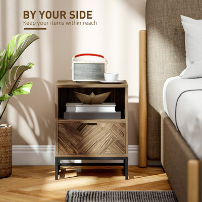 HOMCOM Bedside Table with Drawer and Shelf, Side End Table with Steel Legs for Living Room, Bedroom, Brown Wood Effect 