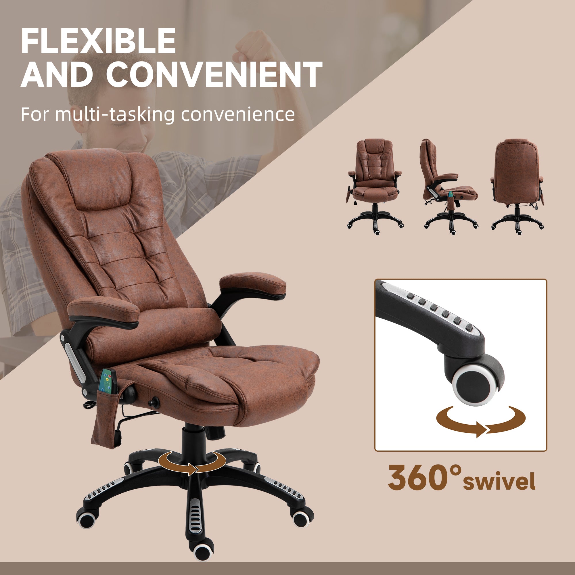 Vinsetto Massage Recliner Chair Heated Office Chair with Six Massage Points Microfiber Cloth 360\'c2\'b0 Swivel Wheels Brown