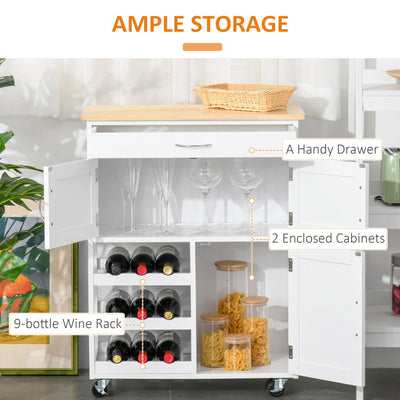 HOMCOM Modern Kitchen Trolley, Rolling Island Storage Cart with Drawer, 9-bottle Wine Rack, Door Cabinets, Wooden Countertop, White 