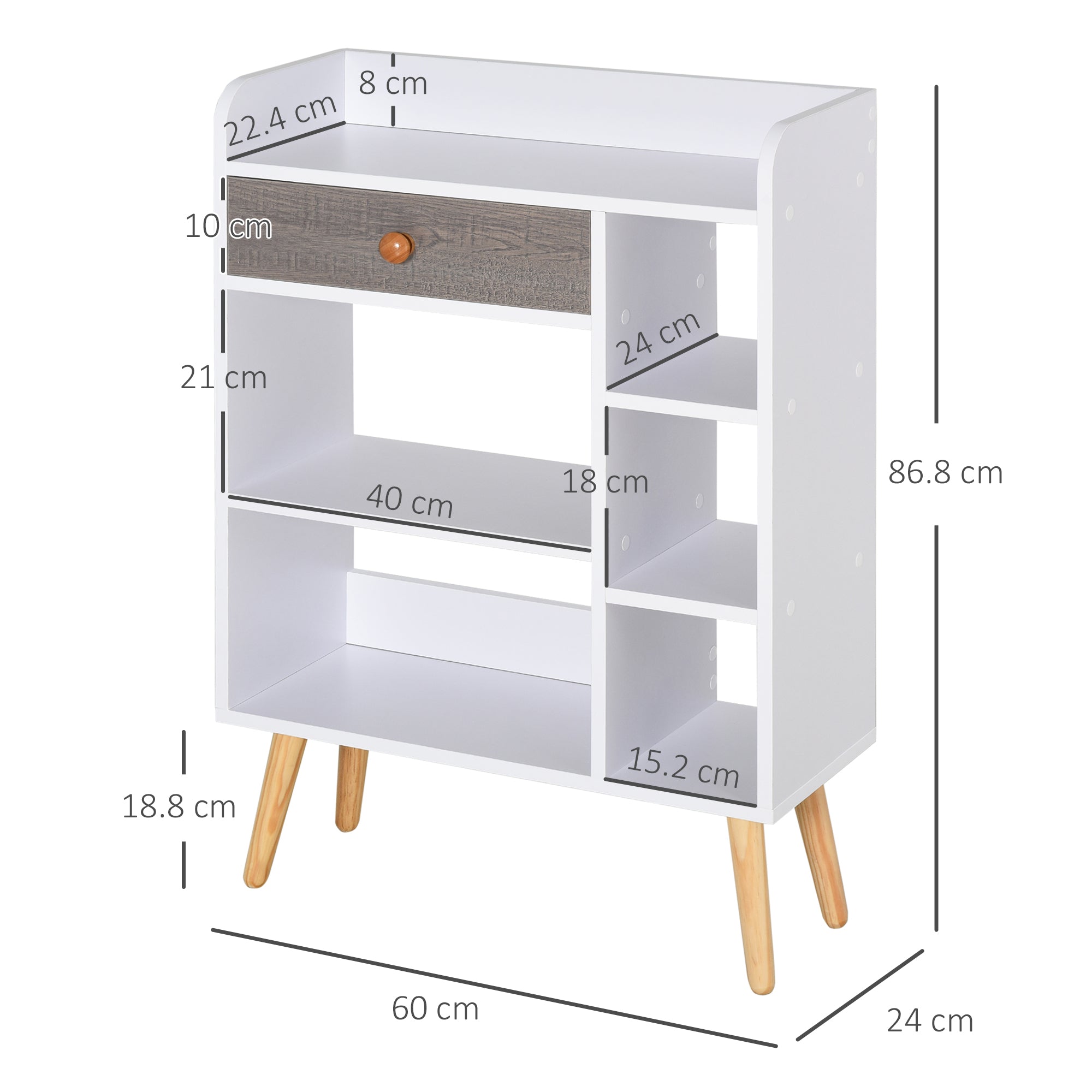 HOMCOM Bookcase, Freestanding Book Shelf with Storage Drawer, 6 Shelves and Wood Legs for Home Office Display, White and Grey, 24D x 60W x 86.8H cm 