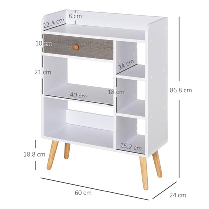 HOMCOM Bookcase, Freestanding Book Shelf with Storage Drawer, 6 Shelves and Wood Legs for Home Office Display, White and Grey, 24D x 60W x 86.8H cm 