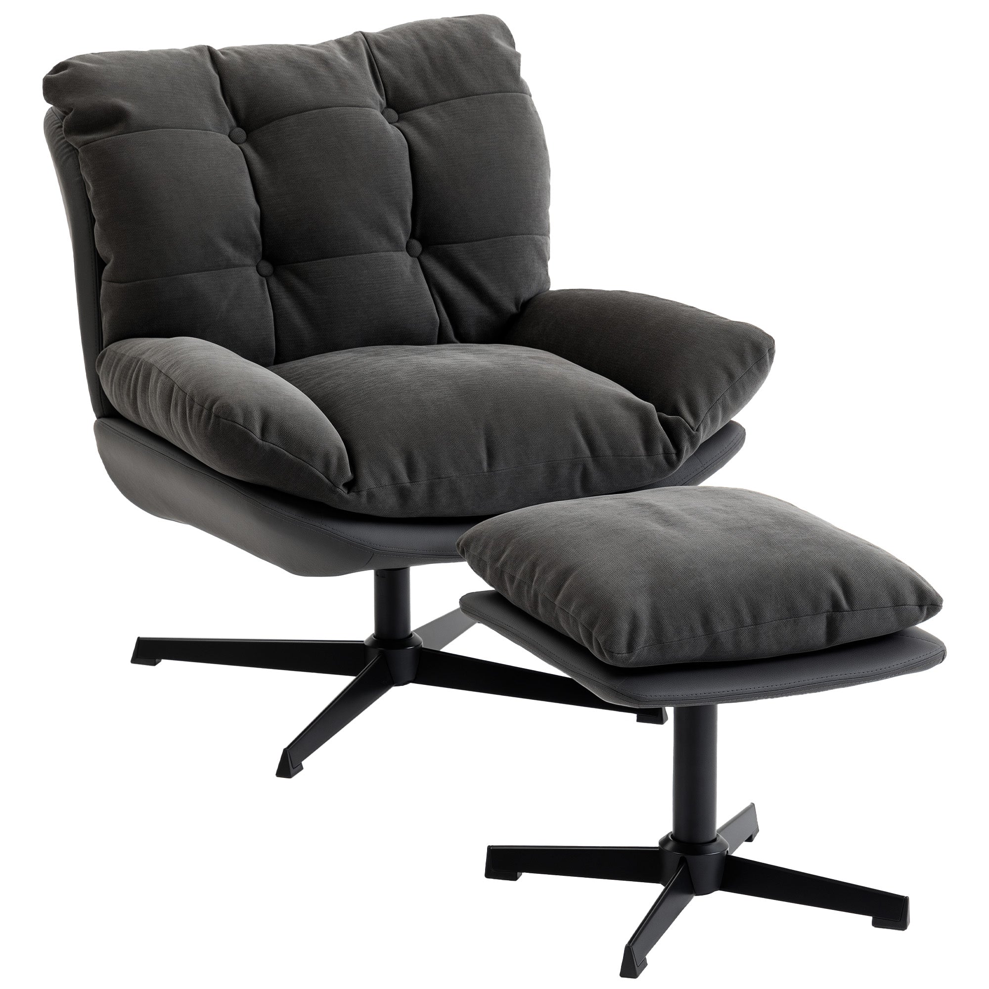 HOMCOM Accent Chair with Footstool, Swivel Lounge Chair with Chenille Upholstery, Metal Base, Dark Grey 