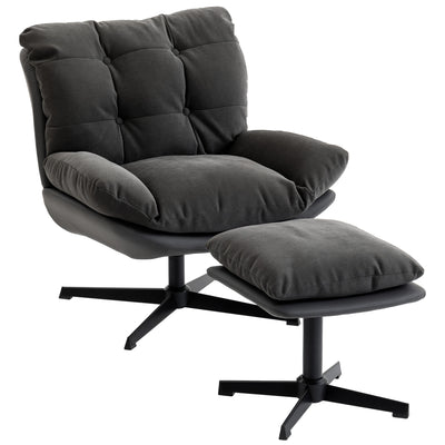 HOMCOM Accent Chair with Footstool, Swivel Lounge Chair with Chenille Upholstery, Metal Base, Dark Grey 