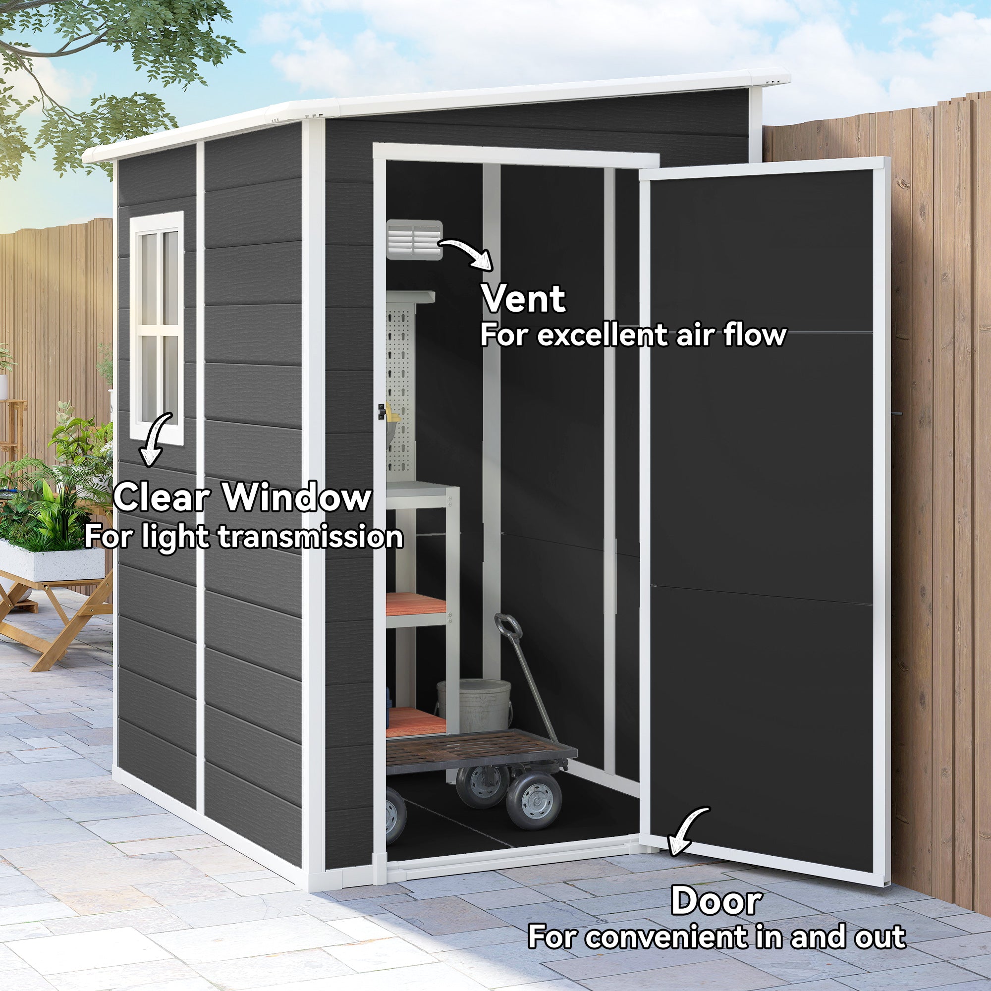 Outsunny 4'x5' Garden Storage Shed, Lean to Shed, Lockable Garden Shed with Window, Vent and Plastic Roof, Black 