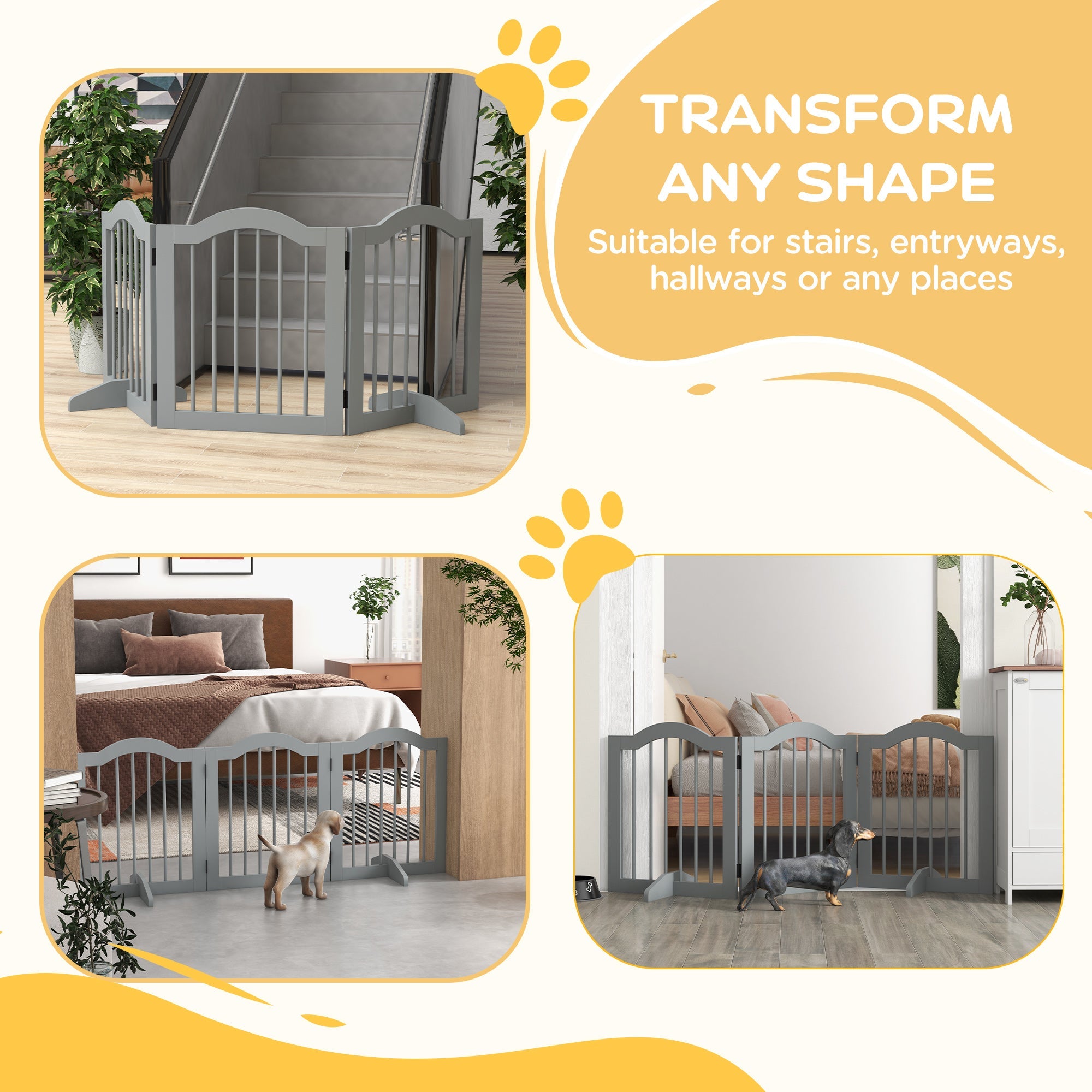 PawHut 3 Panels Dog Gate w/ Support Feet Fence Safety Barrier Freestanding Wood Light Grey 