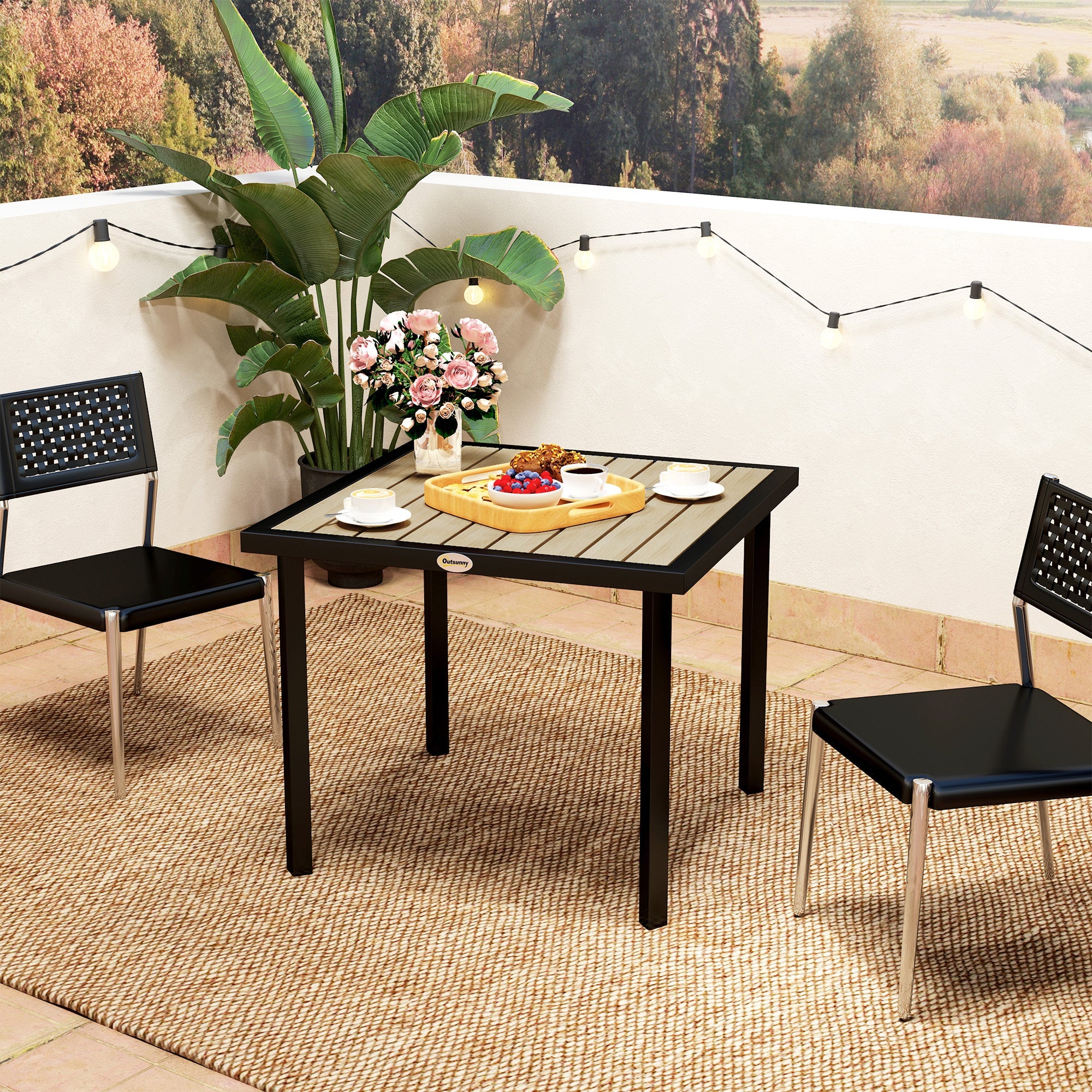 Outsunny Square Garden Dining Table with 5.4cm Parasol Hole, Slatted Top, Metal Frame, 86 x 86 x 71cm, Brown 