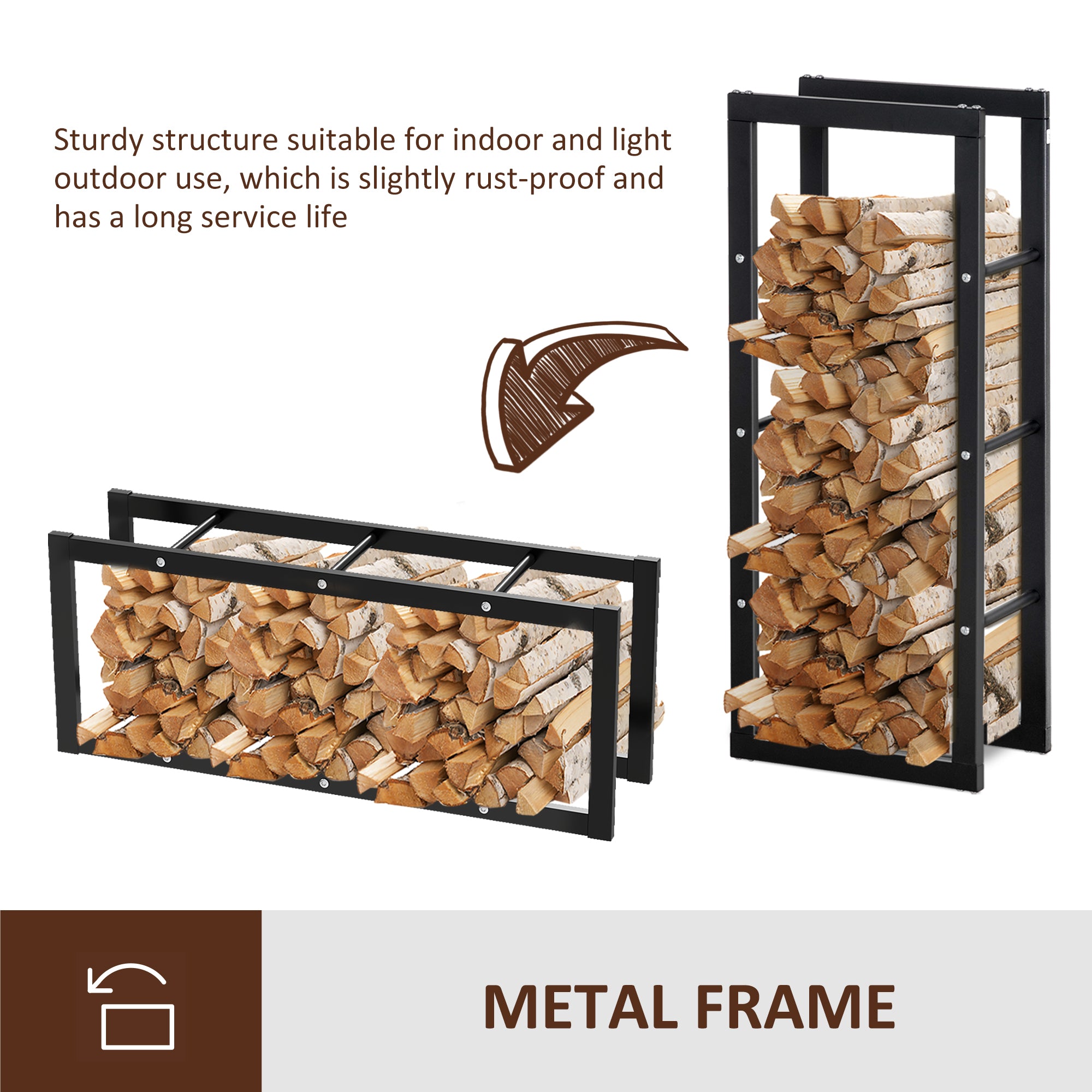 HOMCOM Metal Firewood Log Holder Tall Firewood Rack Indoor Outdoor Fireplace Wood Storage Shelf with Side Rails, Rust-Resistant, Black, 40W x 25D x 100H cm 