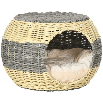 PawHut Wicker Cat House, Rattan Raised Cat Bed, Cosy Kitten Cave with Soft Washable Cushion, \'ce\'a640 x 30cm 
