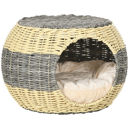 PawHut Wicker Cat House, Rattan Raised Cat Bed, Cosy Kitten Cave with Soft Washable Cushion, \'ce\'a640 x 30cm