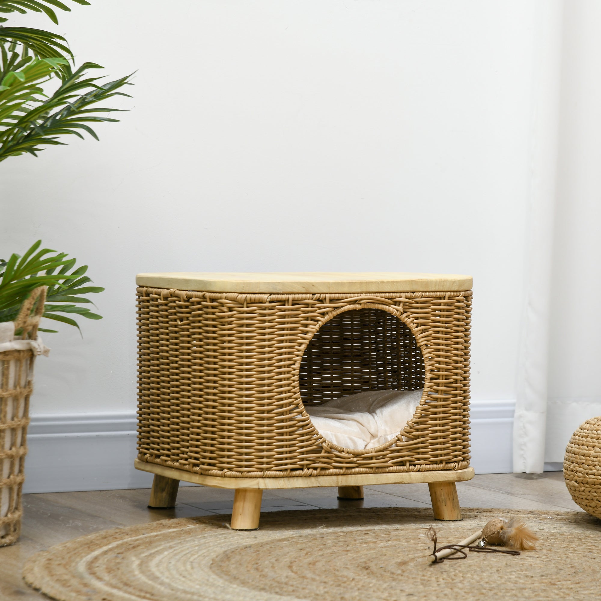 PawHut Elevated Design Wicker Cat House with Washable Cushion, Light Brown 