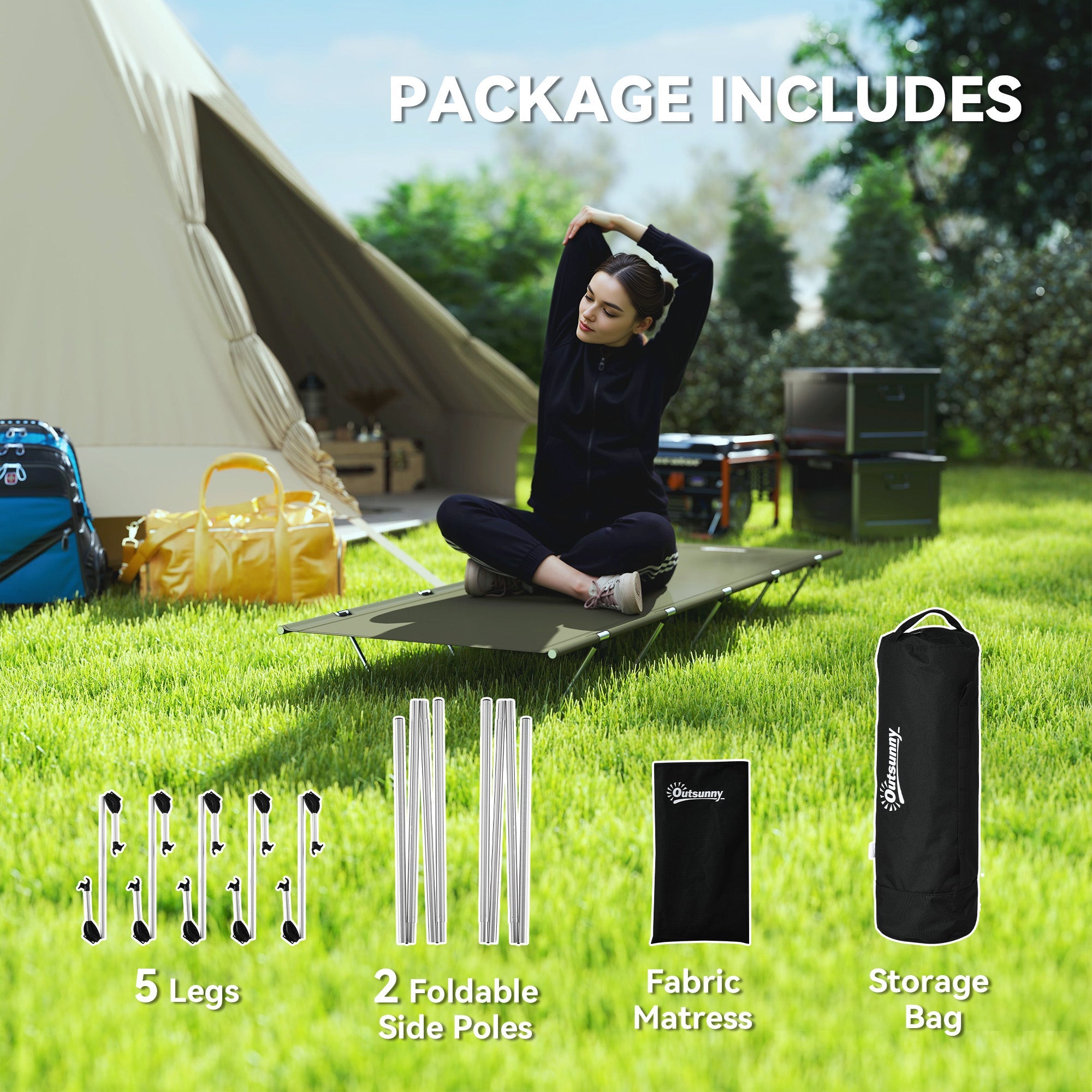 Outsunny Lightweight Camping Bed, Aluminium Portable Camp Cot w/ Strong Support 150kg and Carry Bag for Camping, Dark Green 