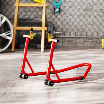 HOMCOM Motorcycle Rear Wheel Stand, 544 kg Capacity Heavy Duty Steel Motorbike Motorcycle Paddock Stand Lift with Adjustable U + L Forks, Wheels, Non-Slip Pads for Workshop Garage Repair, Red 