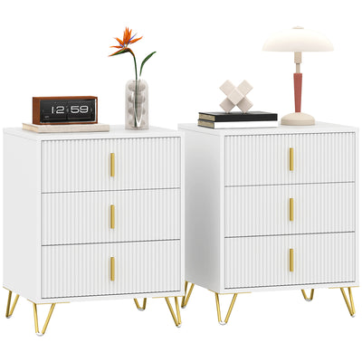 HOMCOM Set of 2 Elegant Chest of Three Drawers - White/Gold-Tone 