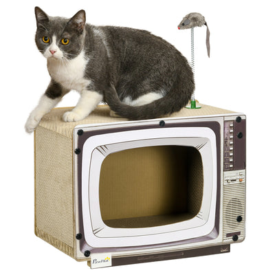 PawHut TV-Shaped Scratching Board with Scratcher, Catnip, Toy Rat, Cat Scratcher for Indoor Cats, 43 x 23 x 32.5cm 