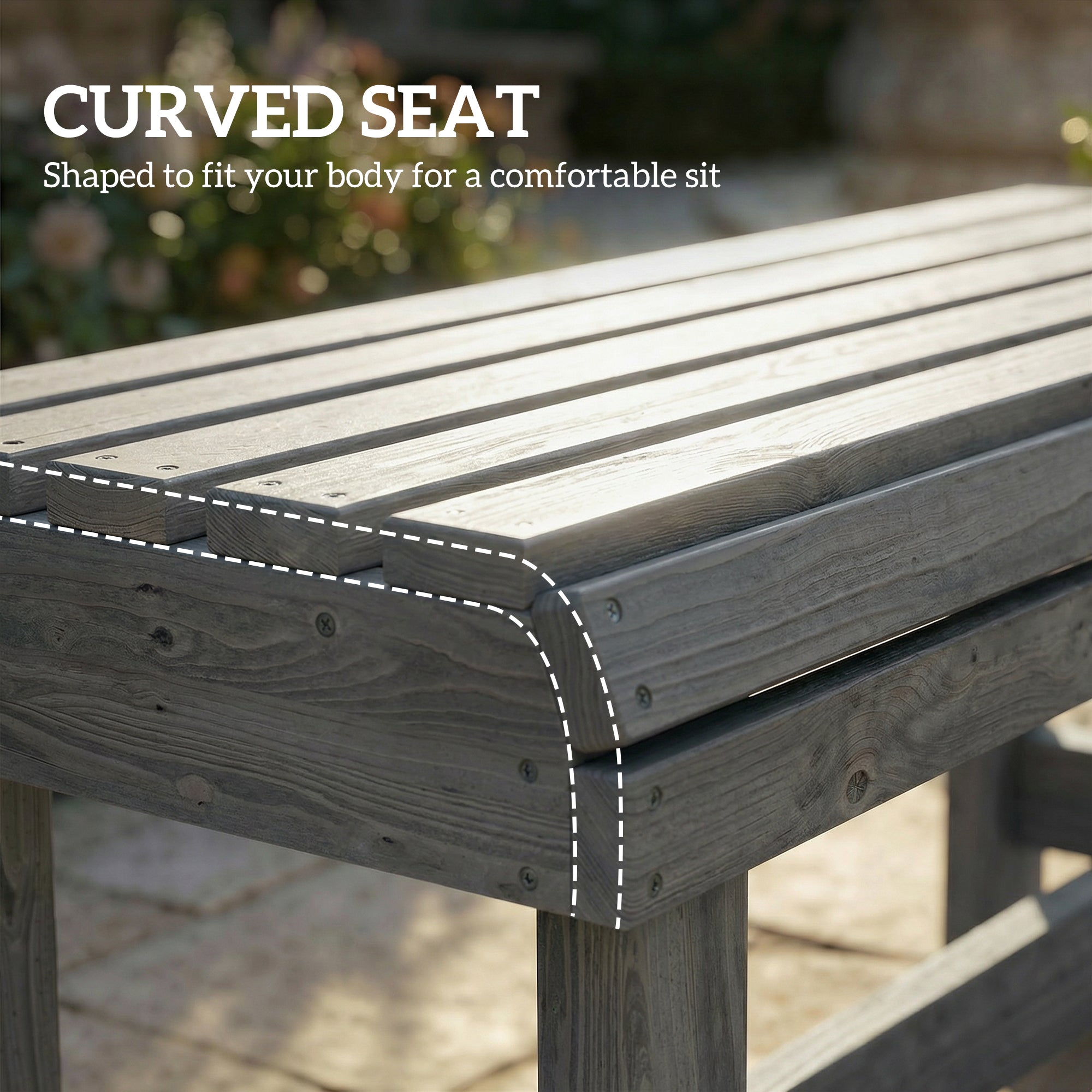 Outsunny Wooden Outdoor Bench, 2 Seater Garden Bench, Backless Patio Bench with Slatted Curved Seat, Grey Embossed Finish 
