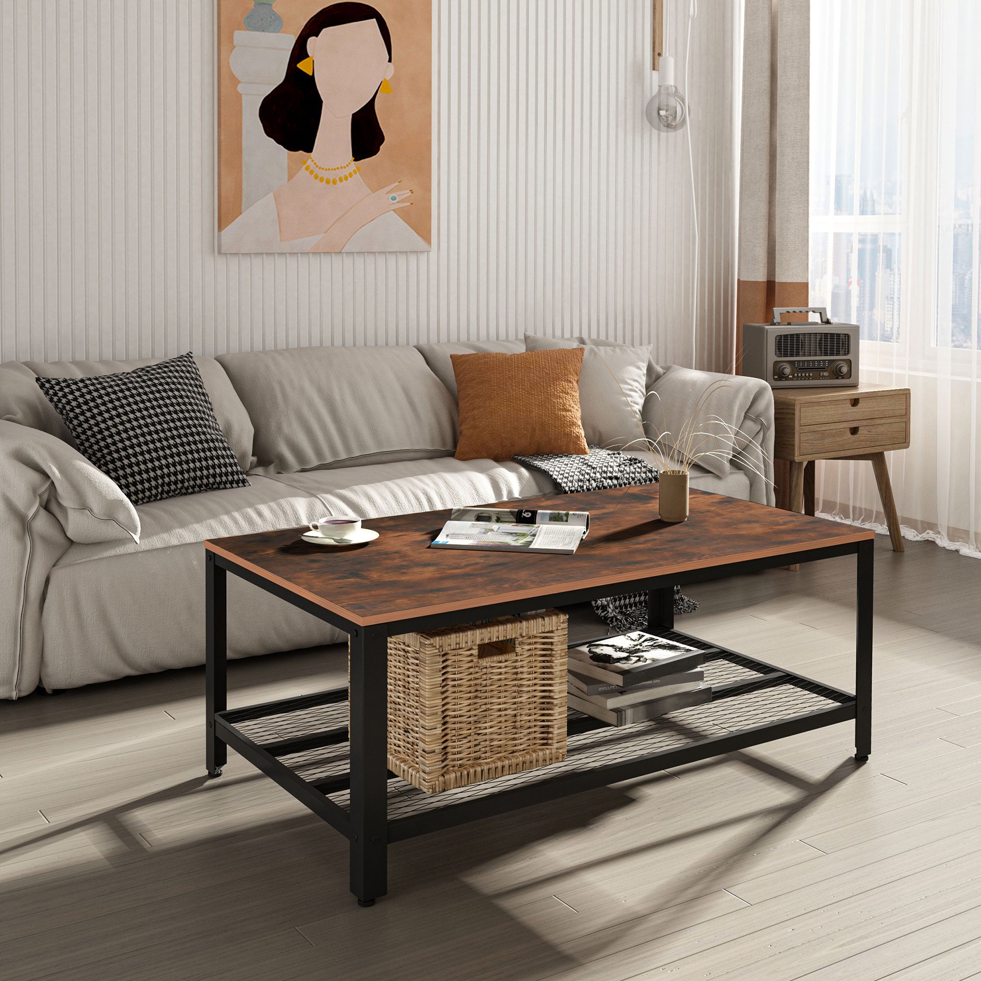 HOMCOM Coffee Table Industrial Side Table Living Room Table with Storage Shelf and Metal Frame for Home Office, 106L x 60W x 45Hcm 