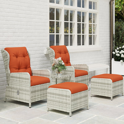 Outsunny 5 Pieces Rattan Bistro Set with Adjustable Back, Reclining Wicker Balcony Furniture with Cushions, Glass Top Coffee Table and Footstools, Outdoor Table and Chairs, Orange 