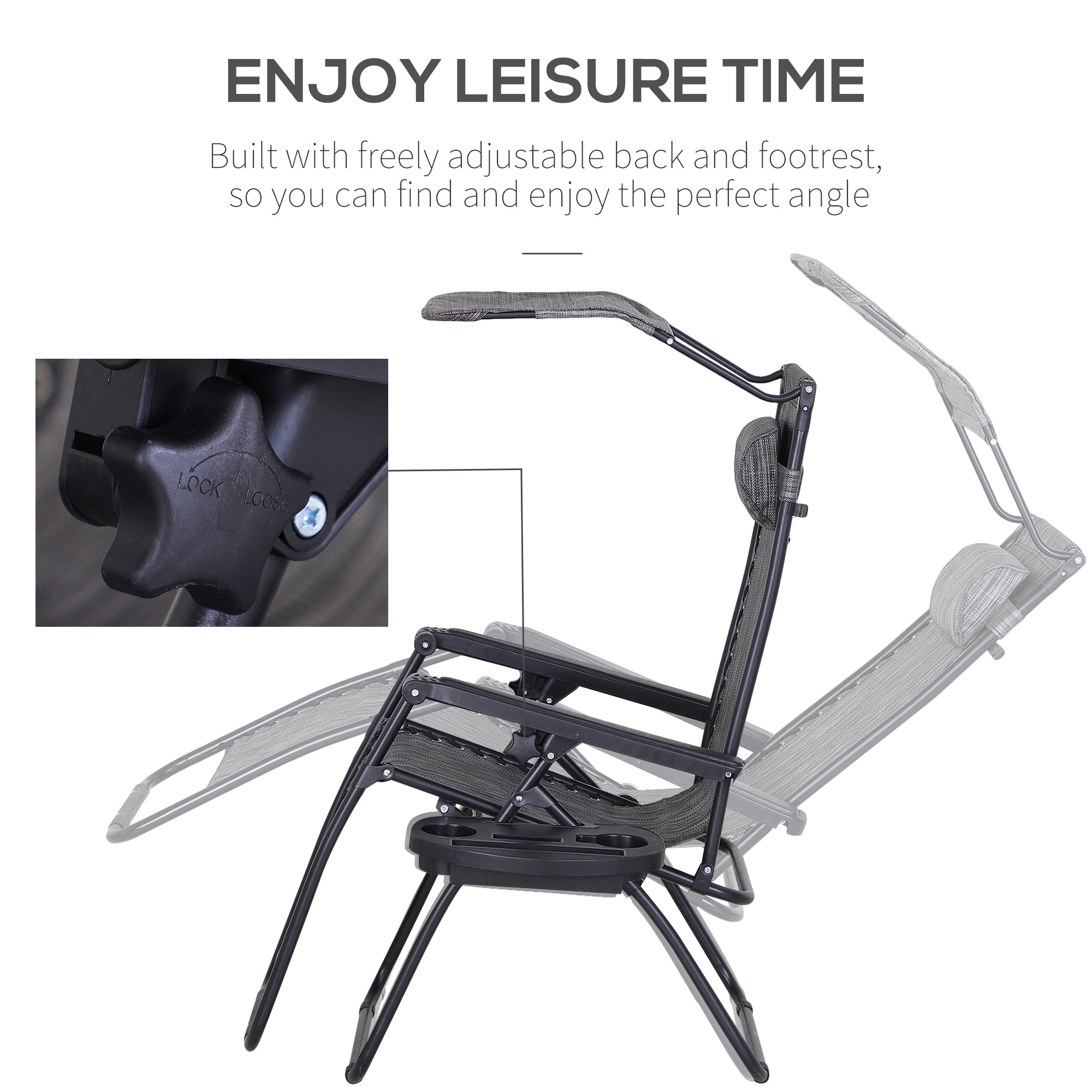 Outsunny Foldable Reclining Garden Chair with Headrest, Zero Gravity Deck Sun Lounger Seat Chair with Footrest, Armrest, Cup Holder & Canopy Shade, Grey 