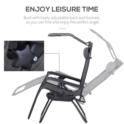 Outsunny Foldable Reclining Garden Chair with Headrest, Zero Gravity Deck Sun Lounger Seat Chair with Footrest, Armrest, Cup Holder & Canopy Shade, Grey 