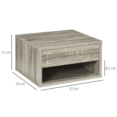 HOMCOM Set of Two Floating Bedside Tables Wall Mounted Nightstands with Drawer and Shelf for Bedroom, Brown Wood-Effect 