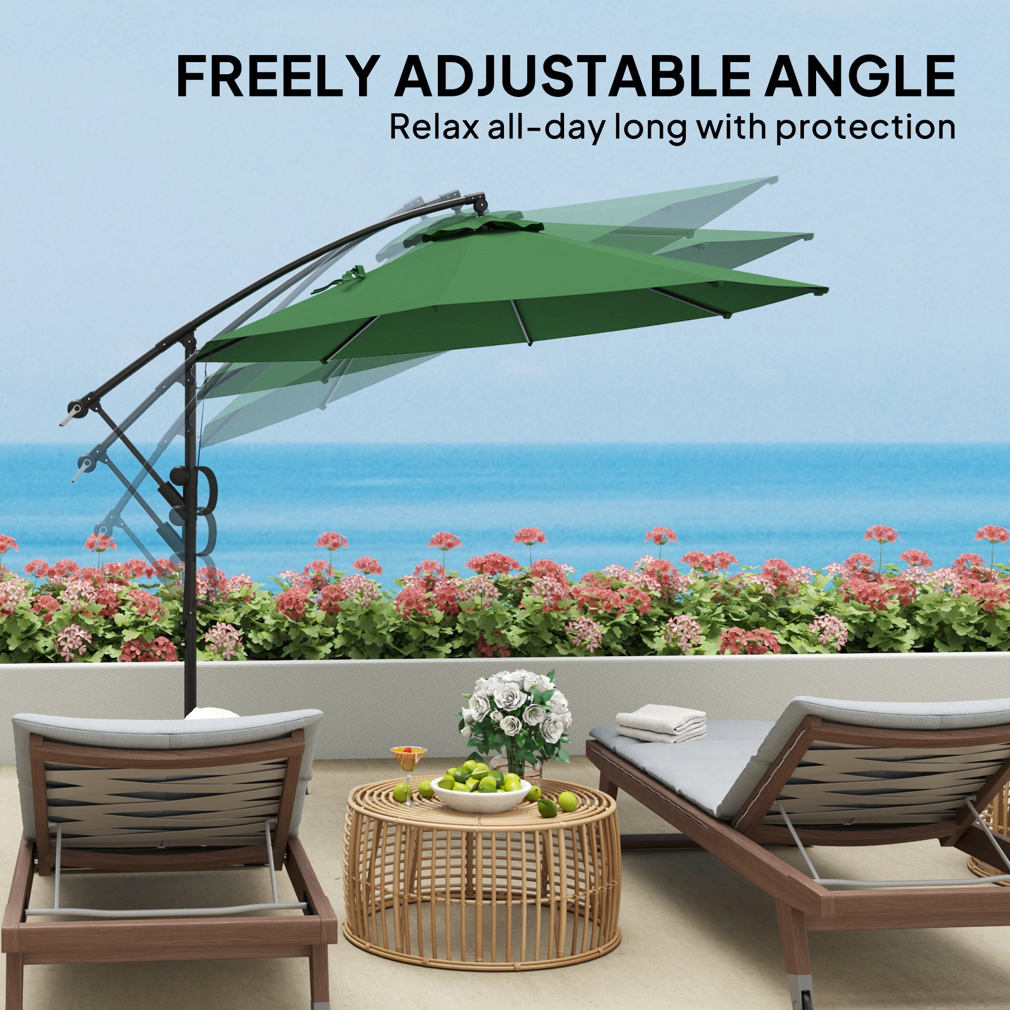 Outsunny 3(m) Garden Cantilever Parasol with Cover and Wind Protection Strap, Round Overhanging Umbrella with Crank Handle and Tilt, Banana Patio Umbrella for Outdoor Sun Shade, UPF50+, Green 