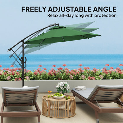 Outsunny 3(m) Garden Cantilever Parasol with Cover and Wind Protection Strap, Round Overhanging Umbrella with Crank Handle and Tilt, Banana Patio Umbrella for Outdoor Sun Shade, UPF50+, Green 