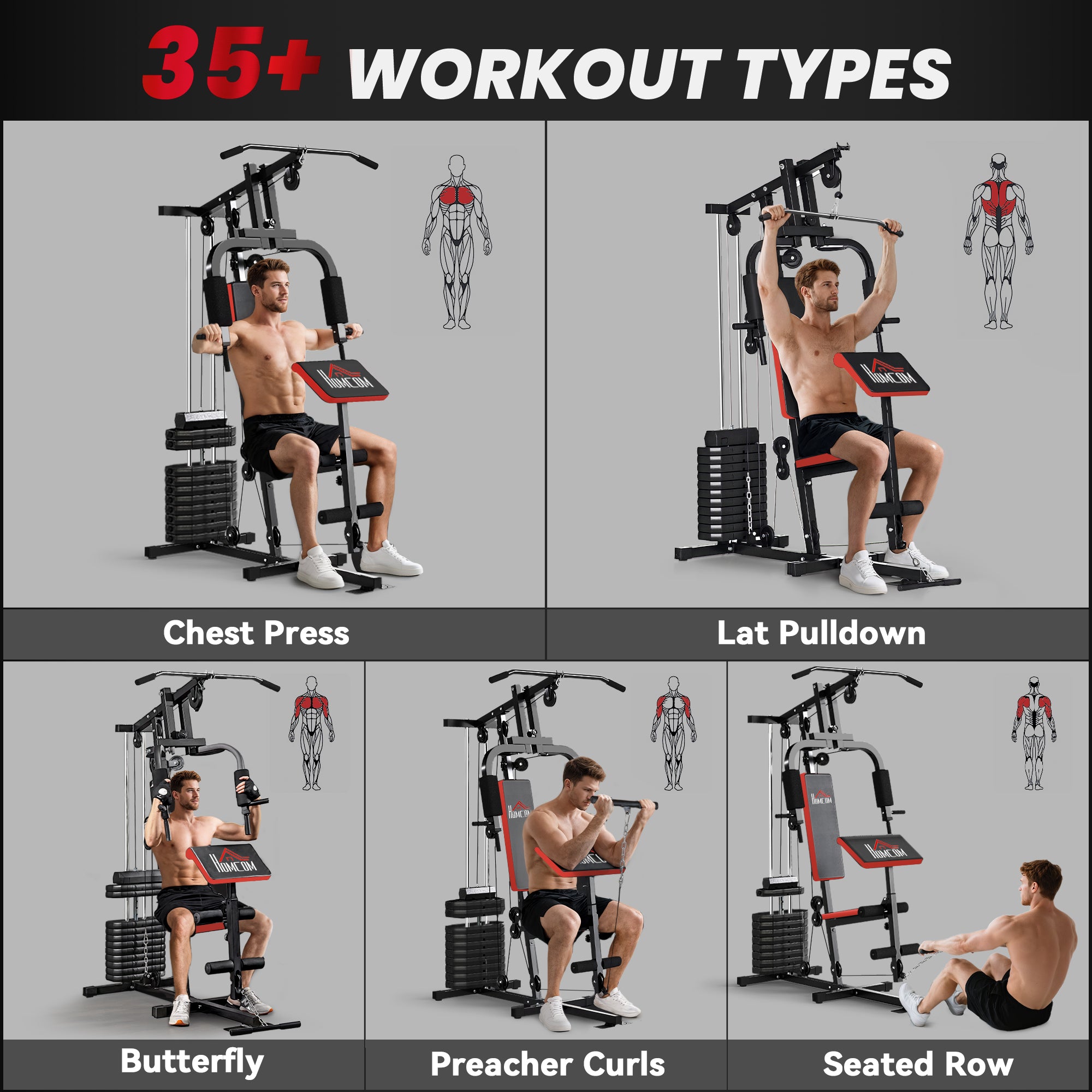 HOMCOM Multigym Station, with 66KG Weight Stack, for Strength Training, Black 