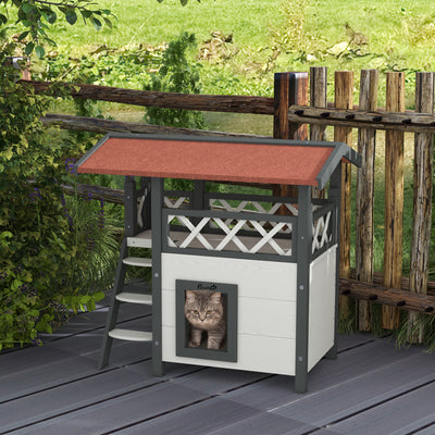 PawHut Cat House Outdoor w/ Balcony Stairs Roof, 77 x 50 x 73 cm, White 