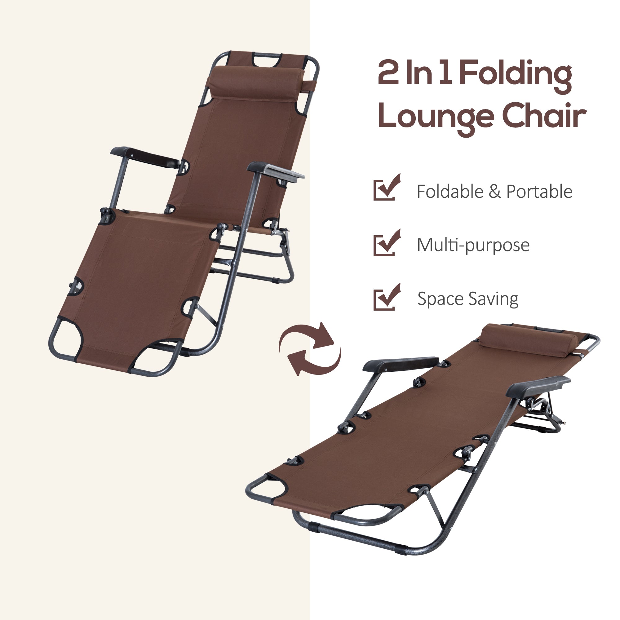 Outsunny 2 in 1 Sun Lounger Folding Reclining Chair Garden Outdoor Camping Adjustable Back with Pillow, Brown 