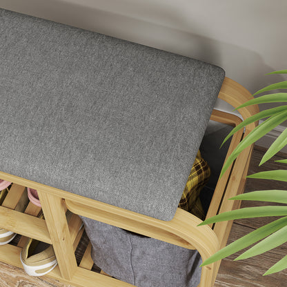 HOMCOM Bamboo Shoe Rack Bench with Padded Seat - Nature Wood Finish 