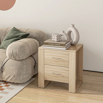 HOMCOM Bedside Table with 2 Drawers, Nightstand with Handles and Elevated Base, Side Table for Bedroom, Living Room, Set of 2, Brown 